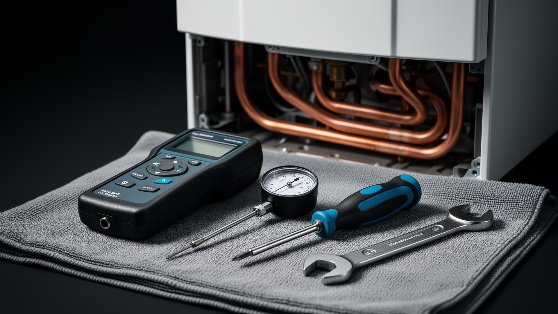 Flue gas analyser and engineer's tools beside an open boiler
