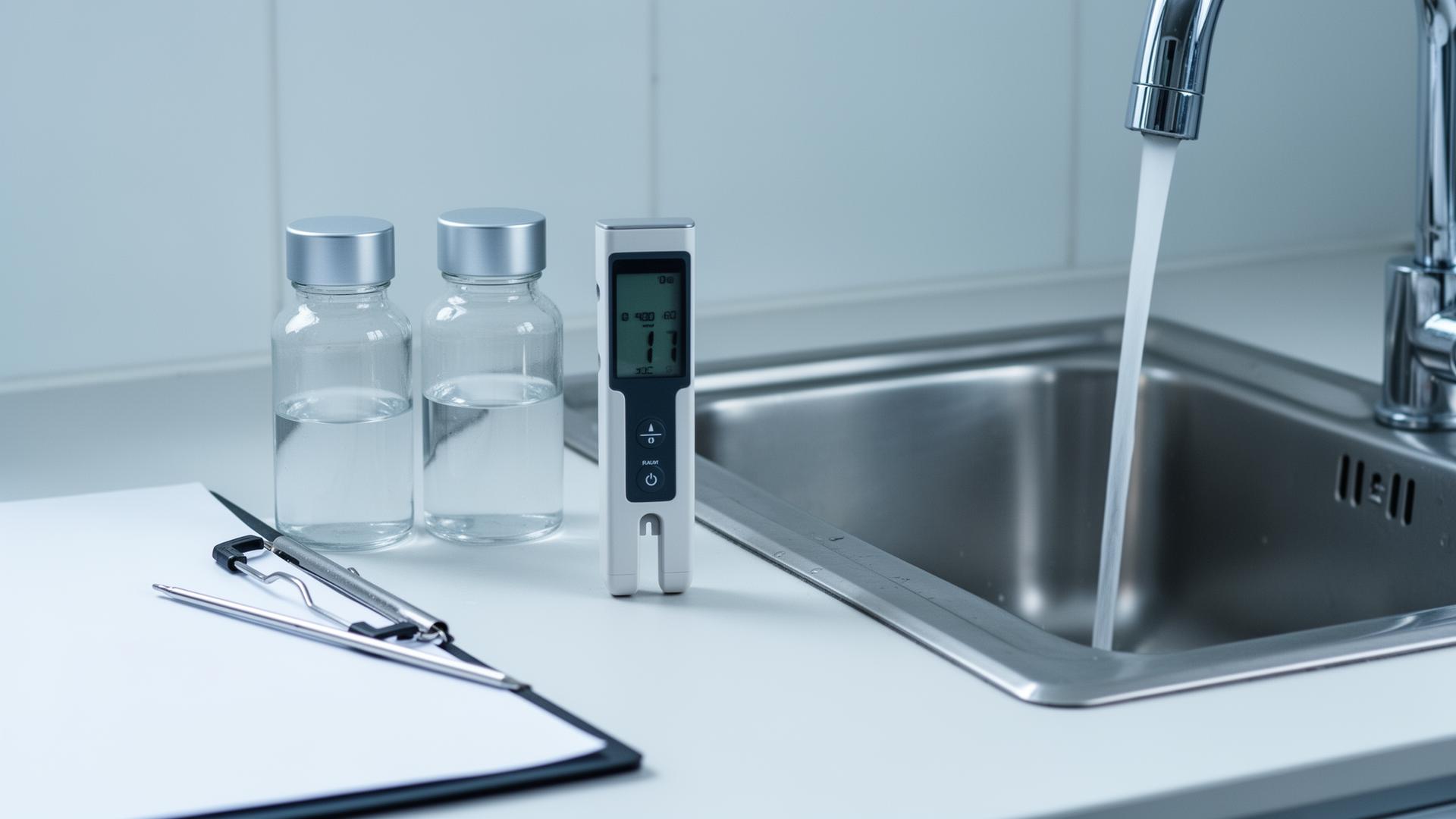 Sterile water sampling bottles and digital probe thermometer