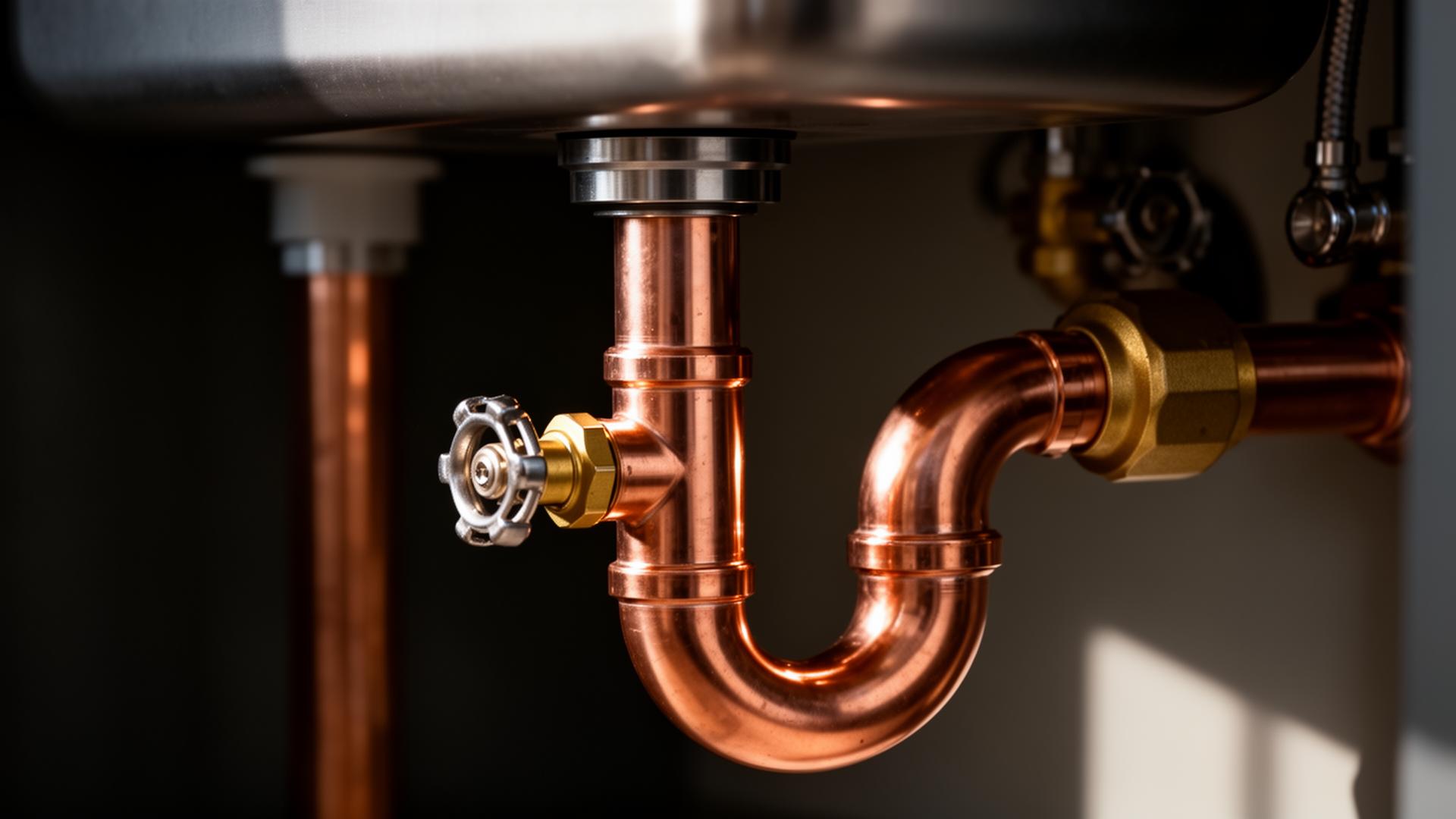 Copper plumbing pipework under a kitchen sink