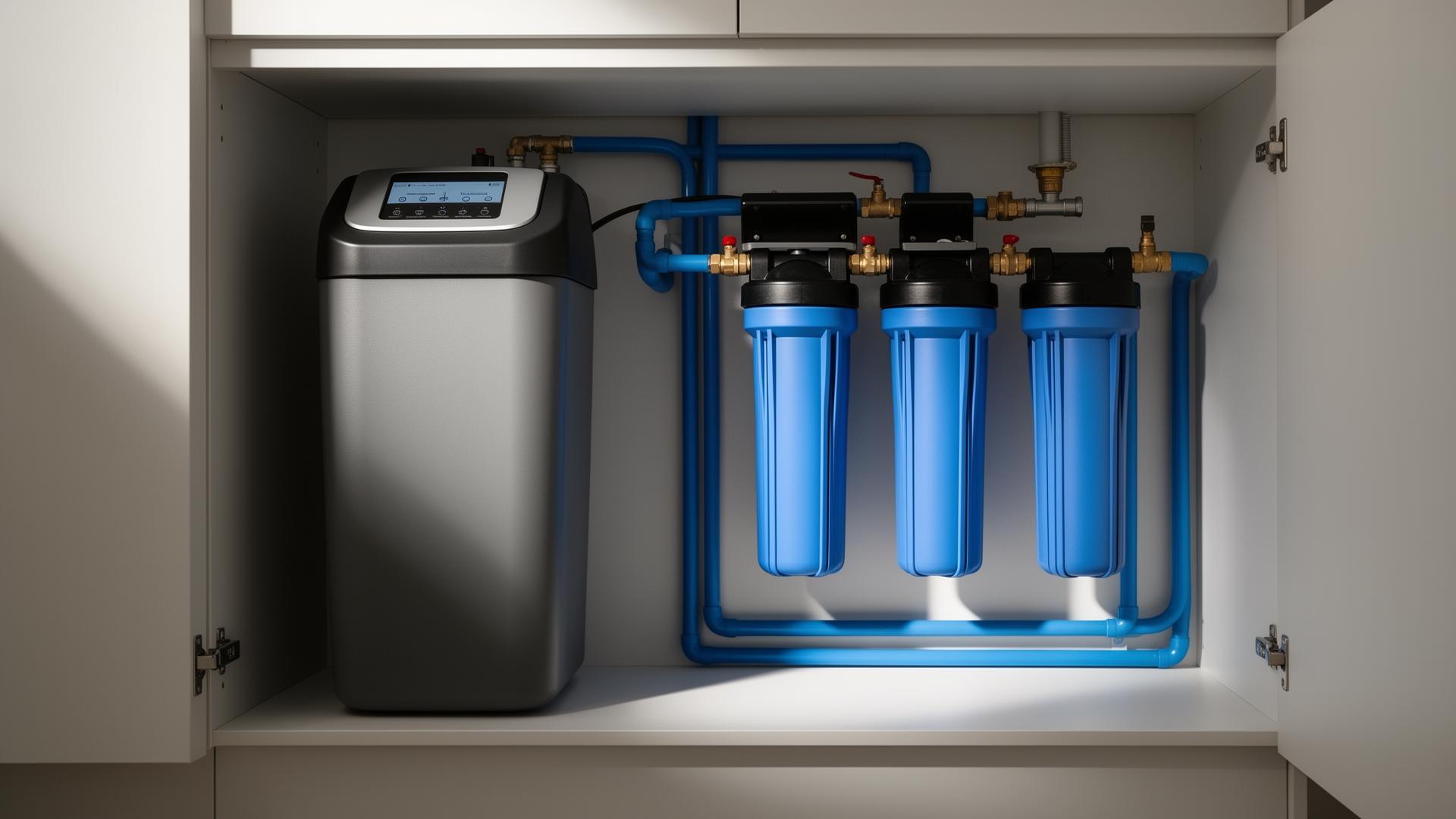 Domestic water softener and under-sink filtration system